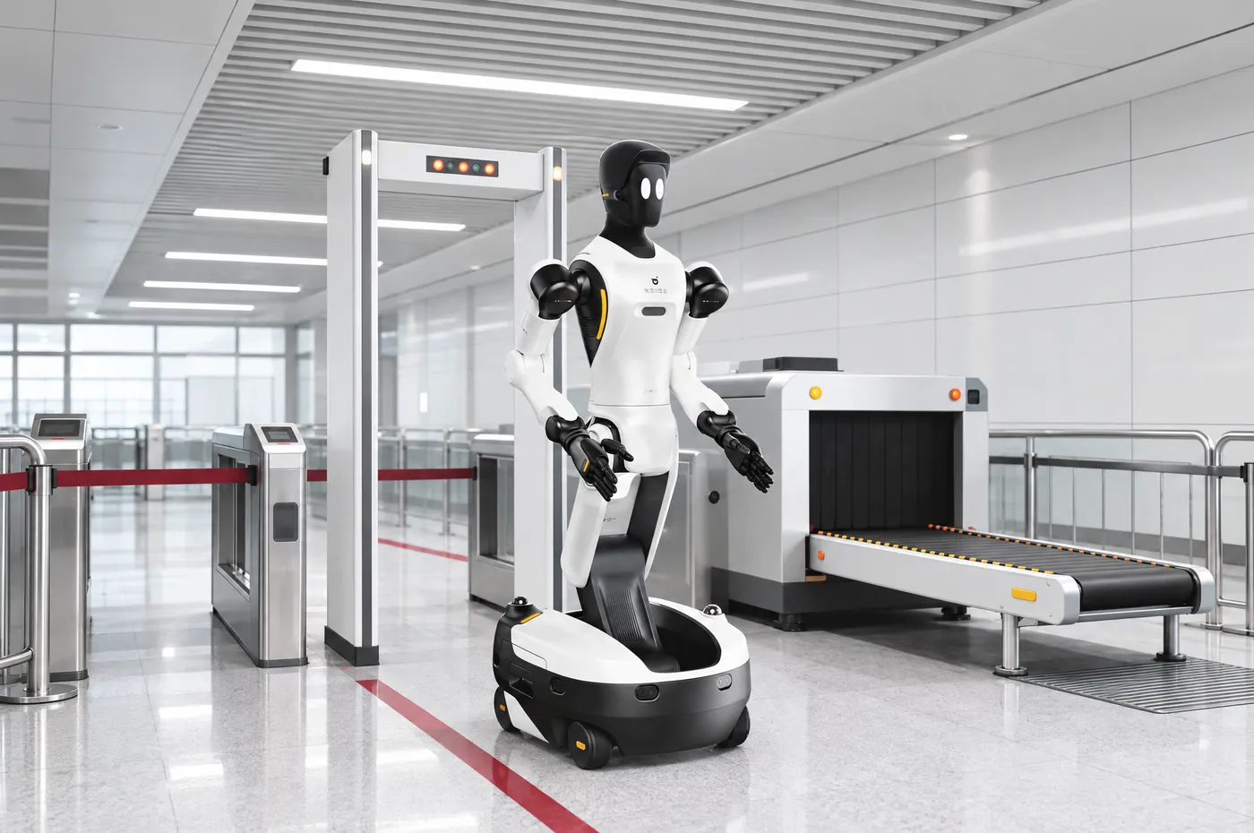 An AGIBOT G2 wheeled humanoid standing beside a walk-through metal detector and baggage scanner at a white metro station security checkpoint, with a red guide line on the floor.