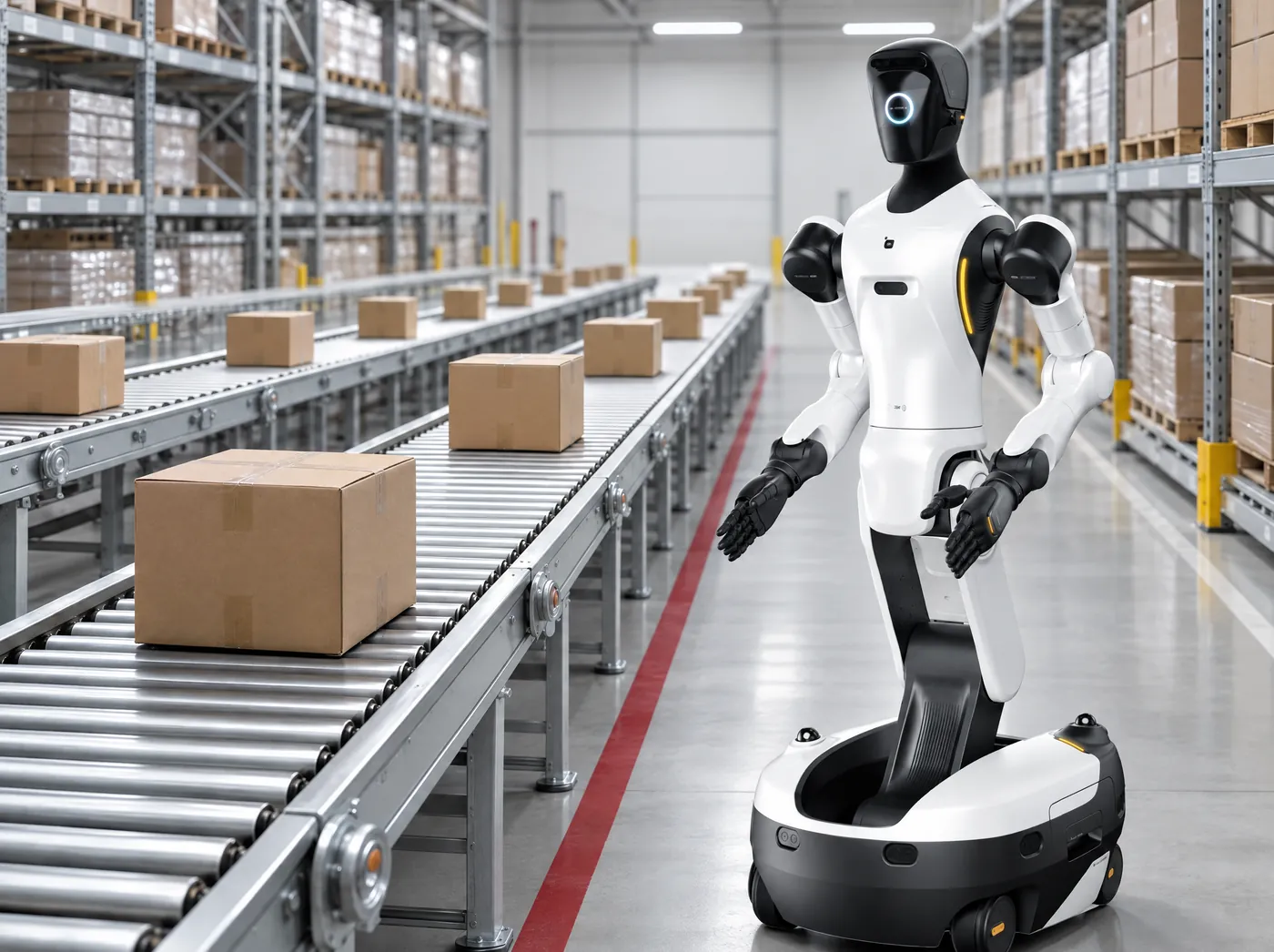 An AGIBOT G2 wheeled humanoid standing beside a roller conveyor carrying cardboard boxes in a bright distribution centre, a red safety line along the conveyor.