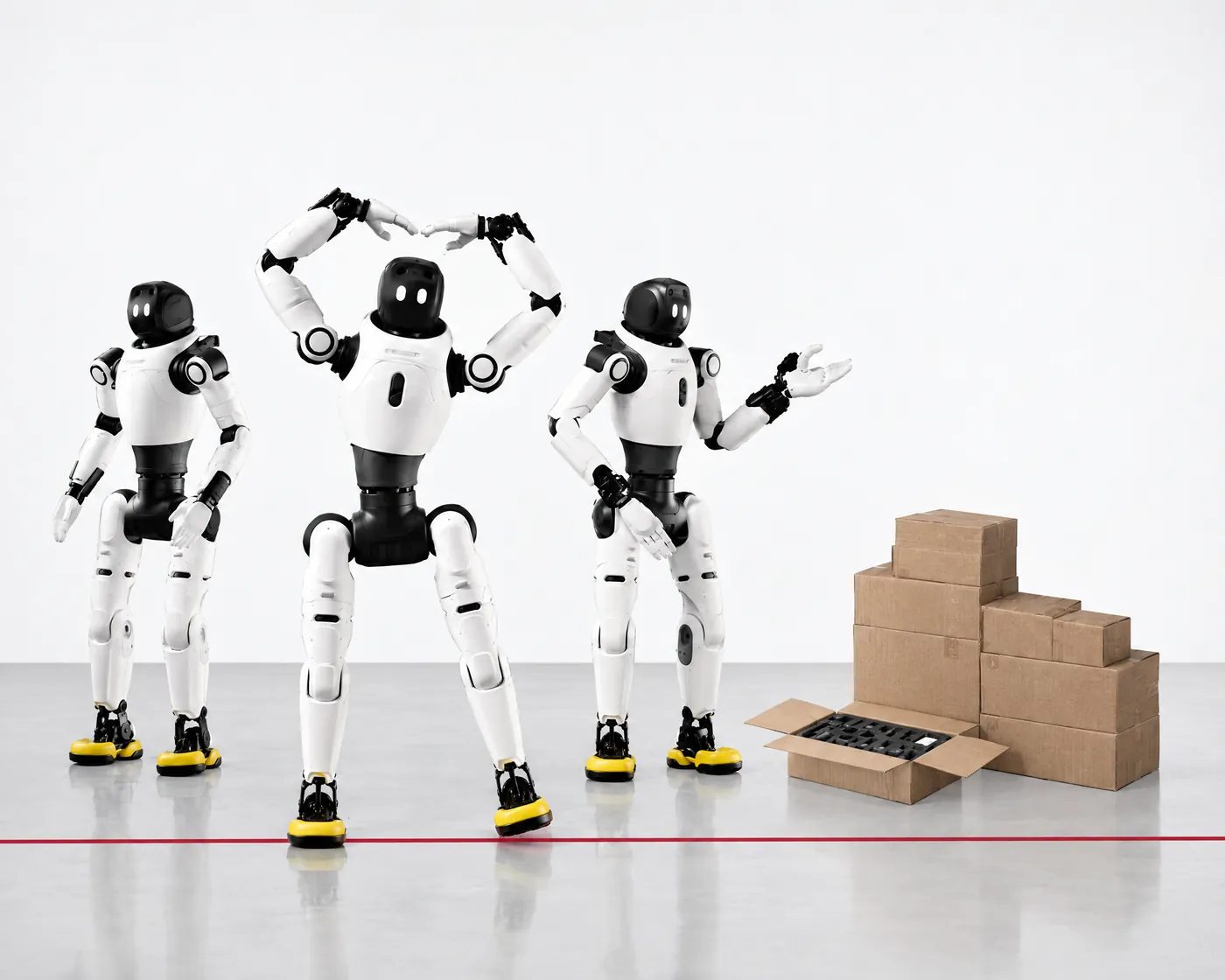 Three AGIBOT X2 half-size humanoids posing beside a stack of cardboard boxes in a light grey studio.