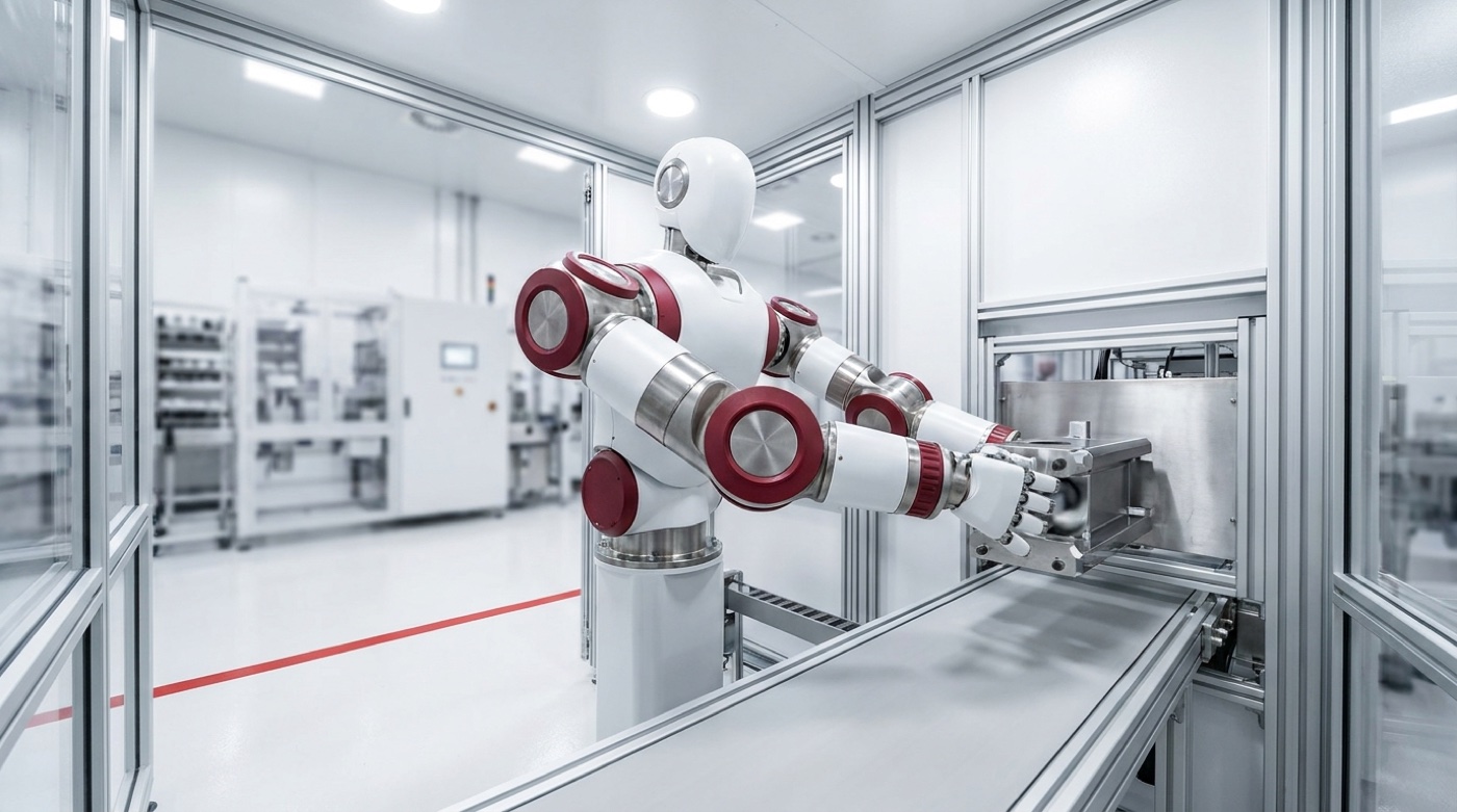 A half humanoid robot — head, torso and two articulated arms on a fixed pedestal — placing a machined steel component onto a conveyor in a clean automation cell.