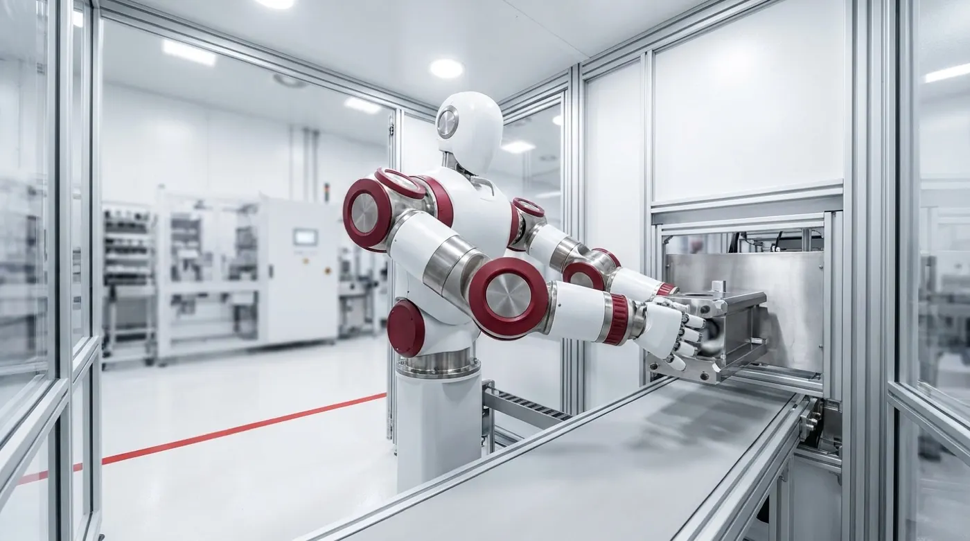A half humanoid robot (head, torso and two articulated arms on a fixed pedestal) placing a machined steel component onto a conveyor in a clean automation cell.