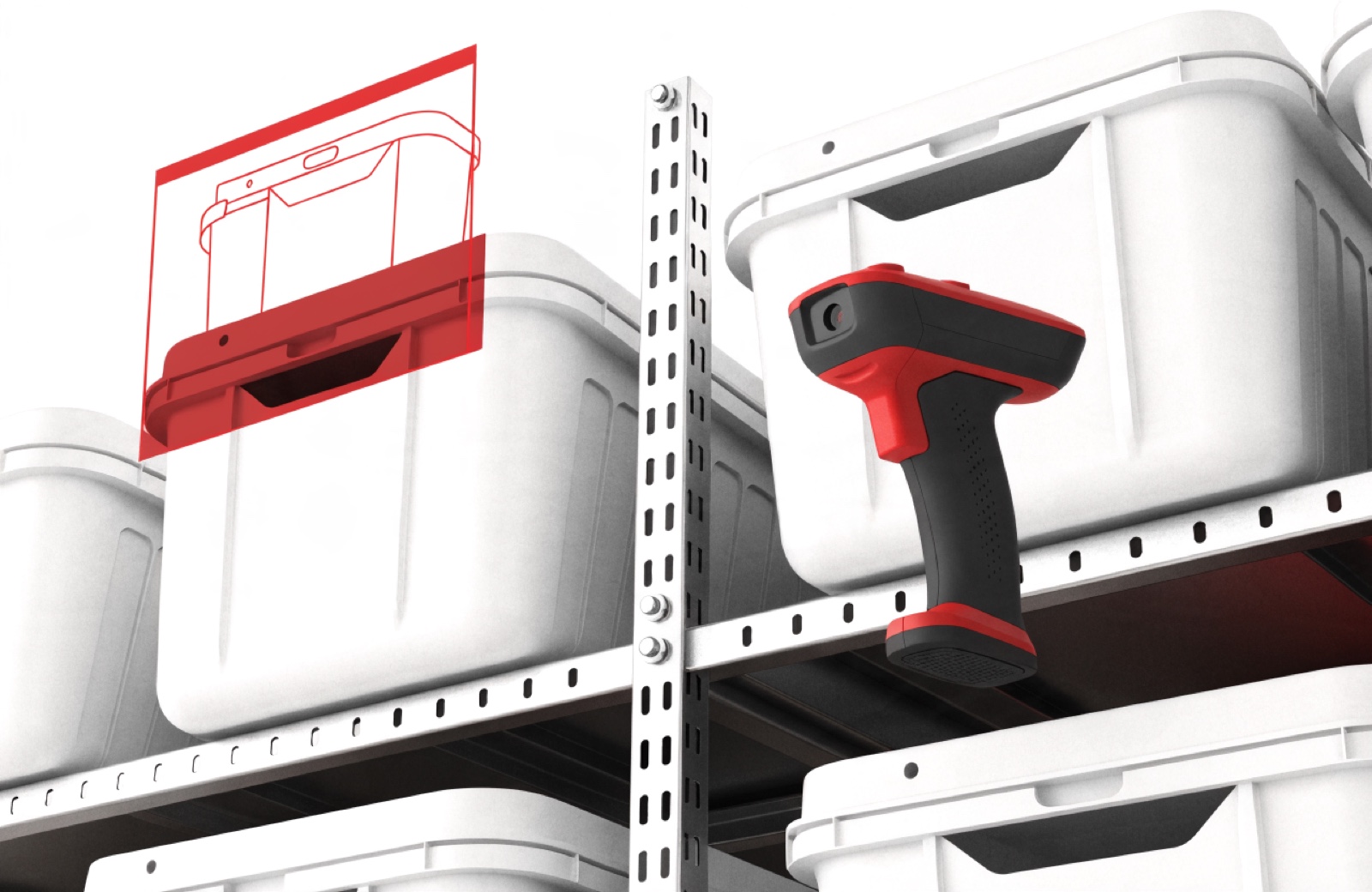 A photorealistic 3D render of white storage totes on grey steel shelving, a red-accented handheld scanner in the foreground and a floating red-outlined AI detection panel above one tote, on a plain white ground, representing Orion Five's work across logistics and public-sector operations.